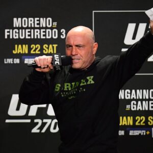 UFC host Joe Rogan opens the program for weigh-ins at UFC 270 at Anaheim Convention Center.