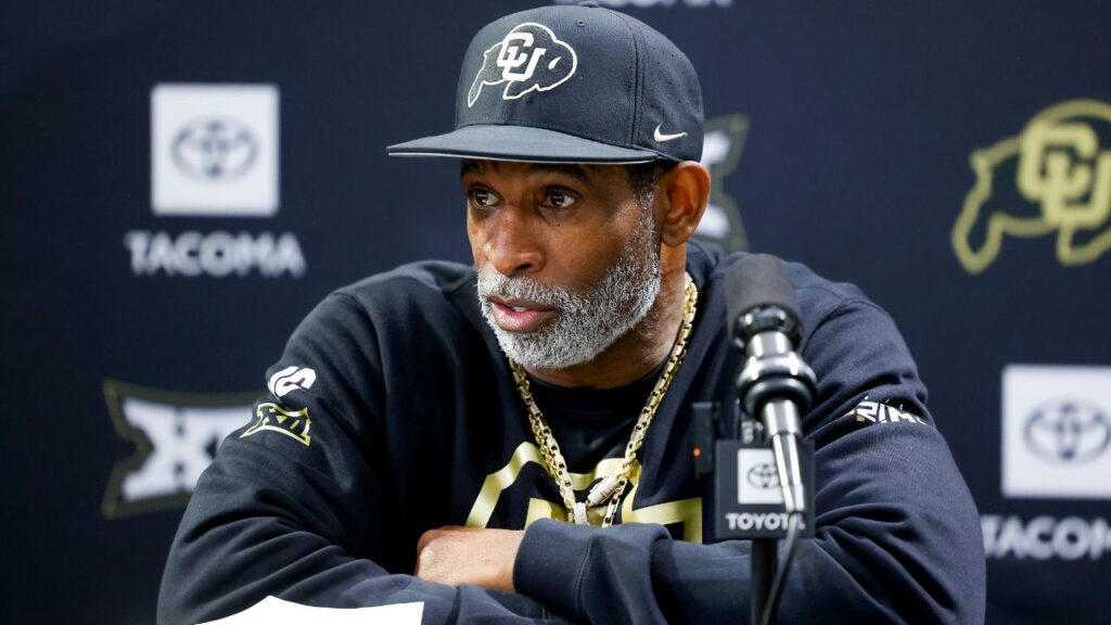 Colorado Buffaloes head coach Deion Sanders speaks to the media at the University of Colorado NFL Showcase at the CU Indoor Practice Facility.
