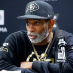 Colorado Buffaloes head coach Deion Sanders speaks to the media at the University of Colorado NFL Showcase at the CU Indoor Practice Facility.