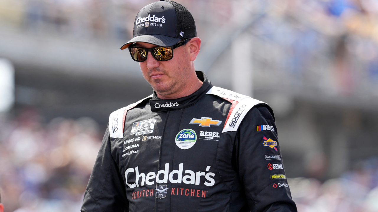 Apr 6, 2025; Darlington, South Carolina, USA; NASCAR Cup Series driver Kyle Busch (8) during intros during the Goodyear 400 at Darlington Raceway. Mandatory Credit: Jim Dedmon-Imagn Images