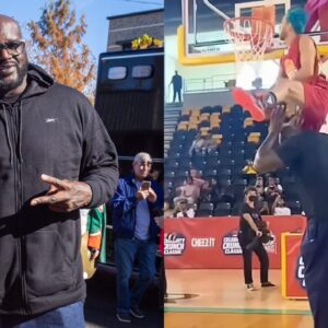 Jordan Kilganon dunking over Shaquille O'Neal