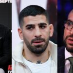 Dana White (L), Ilia Topuria (C), Ariel Helwani (R)