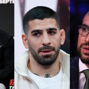 Dana White (L), Ilia Topuria (C), Ariel Helwani (R)