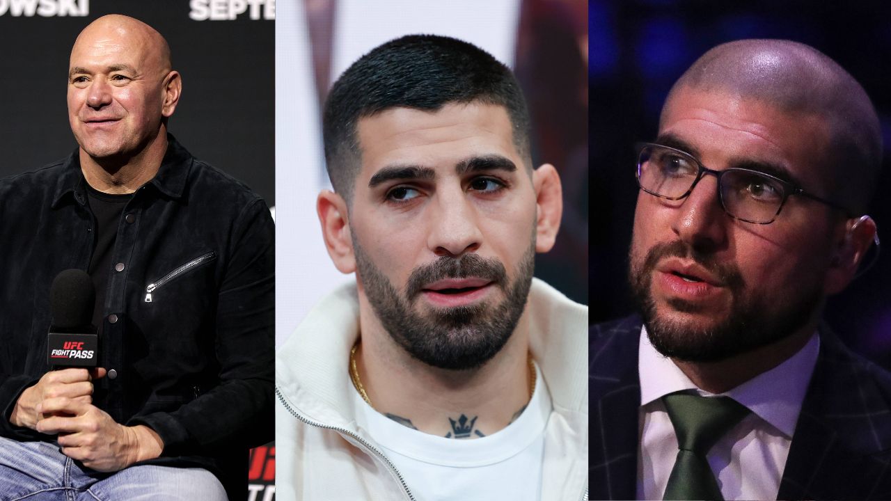 Dana White (L), Ilia Topuria (C), Ariel Helwani (R)