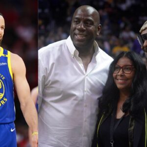 (L) Steph Curry (R) Magic Johnson, Cookie Johnson, and Snoop Dogg