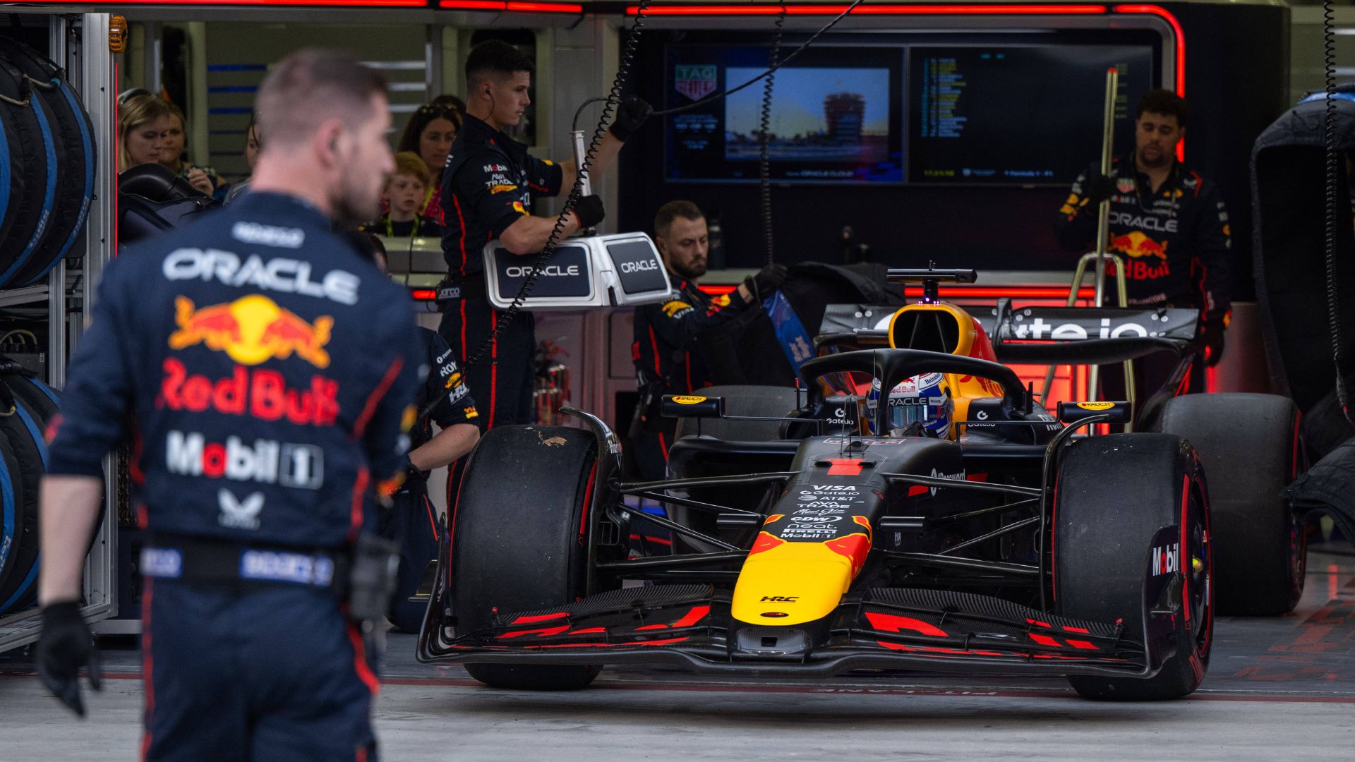 Max Verstappen Oracle Red Bull Racing, Netherlands, 01 in RB21 drives out of the pits into the pit lane, BAH, Formula 1 World Championship, Gulf Air Grand Prix of Bahrain