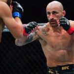 Alexander Volkanovski fights against Ilia Topuria during UFC 298 at Honda Center.