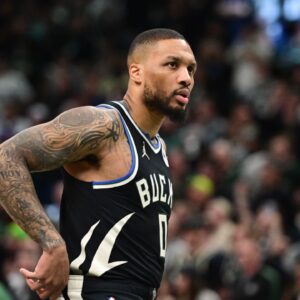 Milwaukee Bucks guard Damian Lillard (0) looks on in the first quarter during game four against the Indiana Pacers of first round for the 2024 NBA Playoffs at Fiserv Forum. Lillard left the game early in the in the first quarter with an injury.