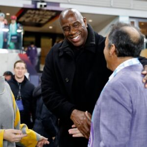 Washington Spirit owner Michele Kang and Magic Johnson before the 2024 NWSL Championship match at CPKC Stadium
