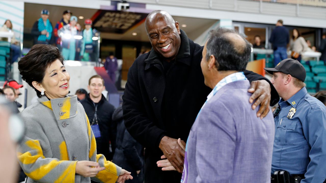 Washington Spirit owner Michele Kang and Magic Johnson before the 2024 NWSL Championship match at CPKC Stadium