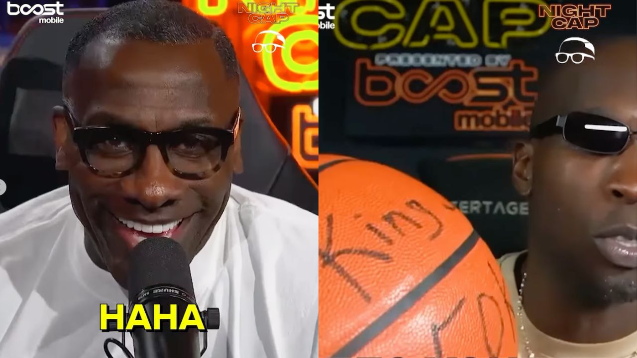 Shannon Sharpe (L) and Ocho Johnson (R) prank Pat Beverley with fake LBJ 50K ball