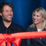 Mathew and Kelly Stafford share a laugh during speeches for the ribbon cutting of the Kelly and Matthew Stafford and Friends Education Center at the S.A.Y Detroit Play Center in Detroit on Monday, April 1, 2024.