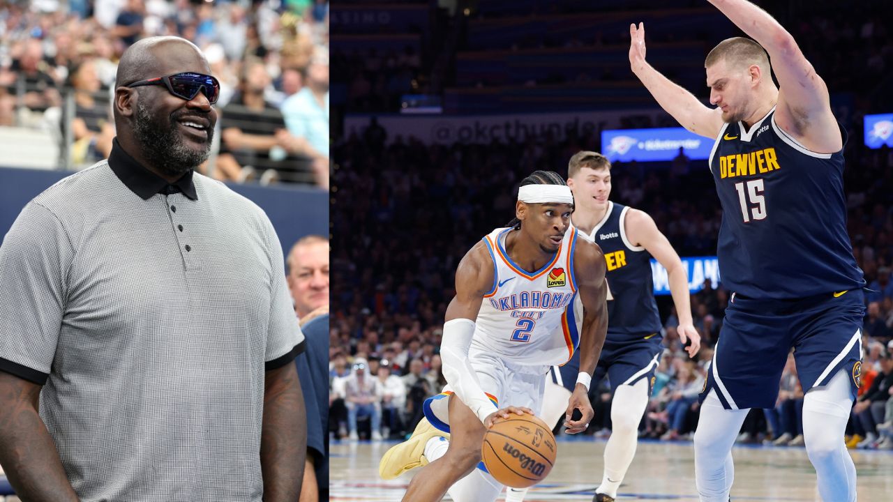 Shaquille O'Neal (L), Shai Gilgeous Alexander and Nikola Jokic (R)