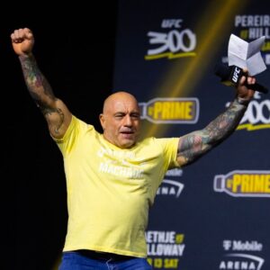 ; UFC announcer Joe Rogan reacts during ceremonial weigh ins for UFC 300 at MGM Grand Garden Arena.