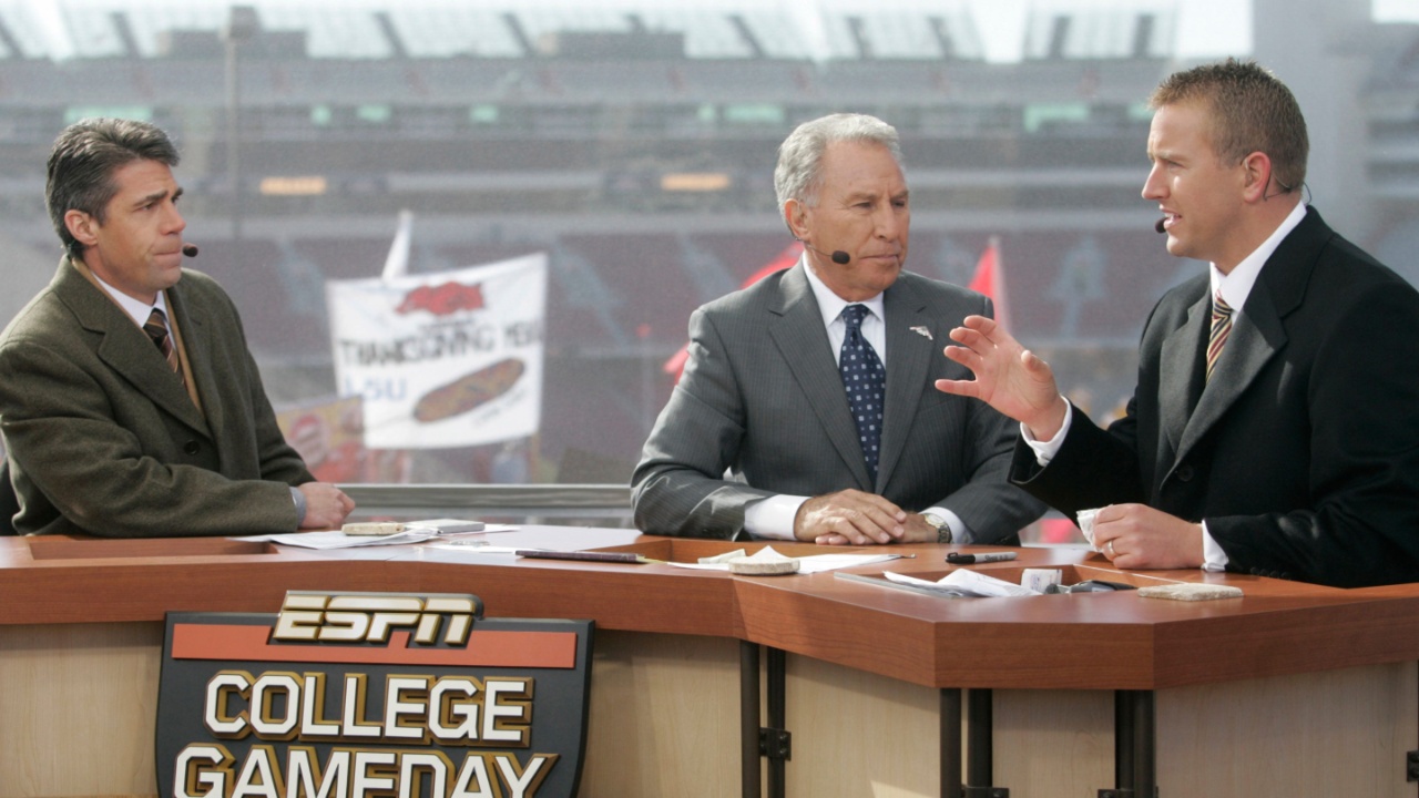 ESPN College GameDay is a weekly television program that airs during the college football season. The hosts are Kirk Herbstreit, Lee Corso, and Chris Fowler. The production was in Fayetteville, Arkansas Nov. 12 for the Arkansas/Tennessee game.
