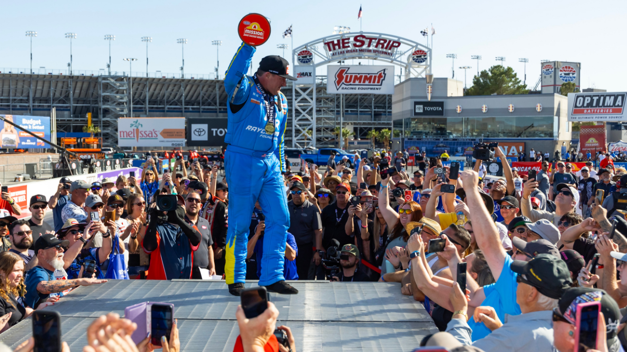 Apr 13, 2025; Las Vegas, NV, USA; NHRA top fuel driver Tony Stewart celebrates after winning the Four Wide Nationals at The Strip at Las Vegas Motor Speedway. The win is the first of Stewarts professional drag racing career. Mandatory Credit: Mark J. Rebilas-Imagn Images