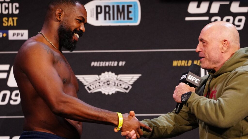 Jon Jones and Joe Rogan speak following the ceremonial weigh-ins for UFC309