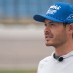 NASCAR Cup Series driver Kyle Larson speaks during an interview at Iowa Speedway on April 18, 2025, in Newton.
