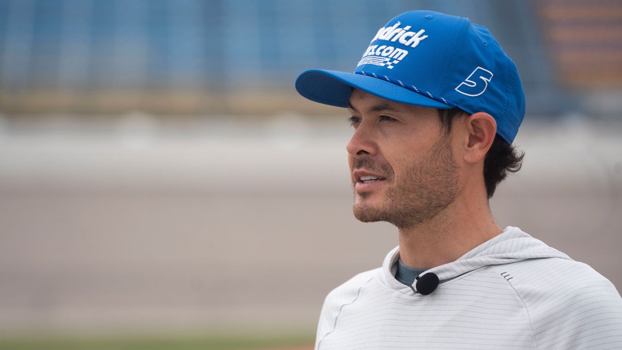 NASCAR Cup Series driver Kyle Larson speaks during an interview at Iowa Speedway on April 18, 2025, in Newton.