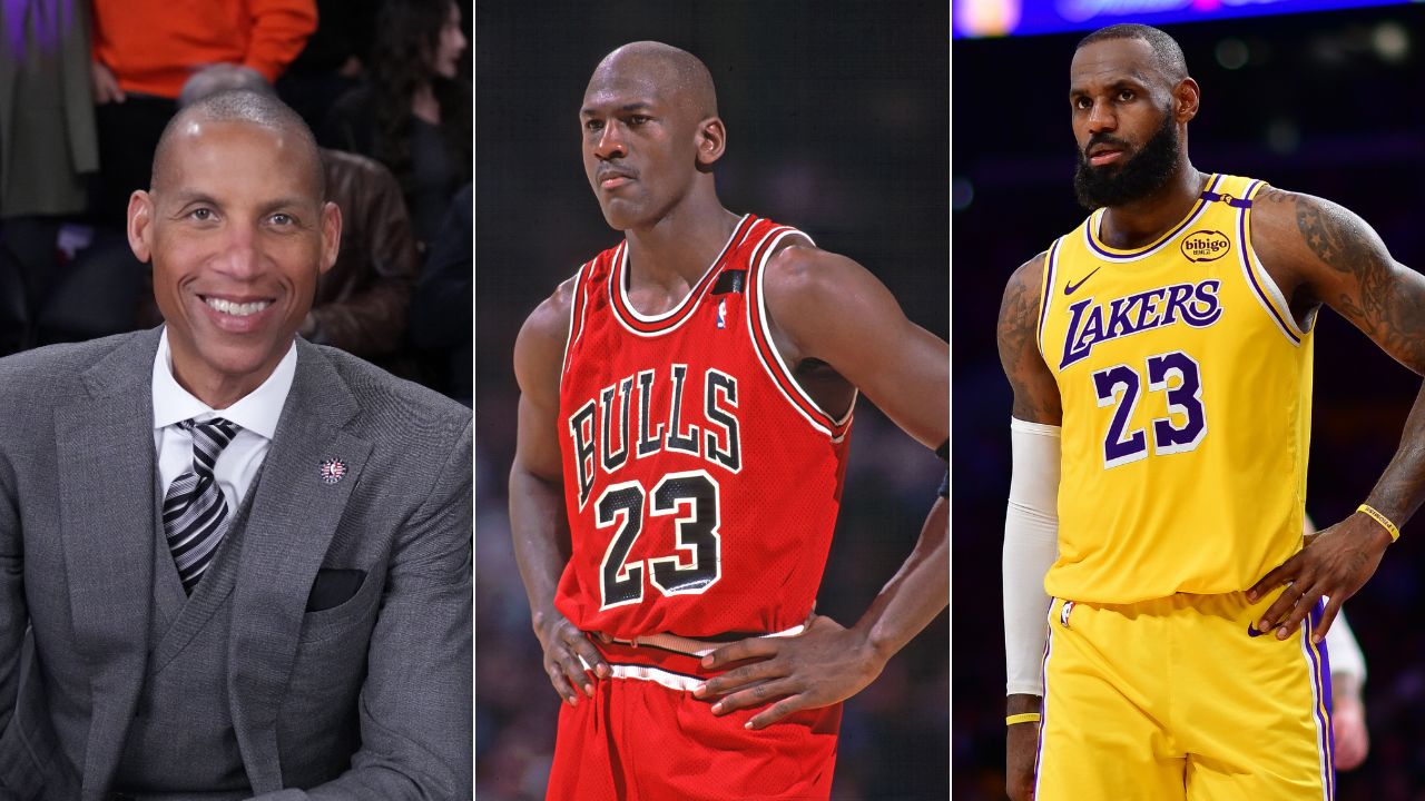 Reggie Miller (L), Michael Jordan (C), and LeBron James (R)