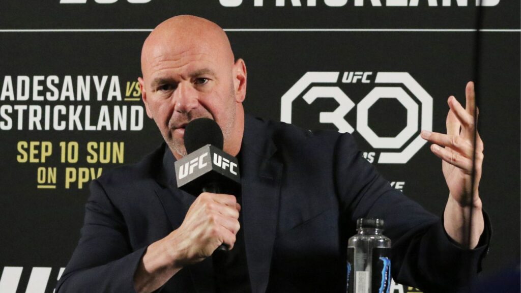 UFC President Dana White speaks at a press conference after the fight of Israel Adesanya and Sean Strickland during UFC 293 at Qudos Bank Arena.
