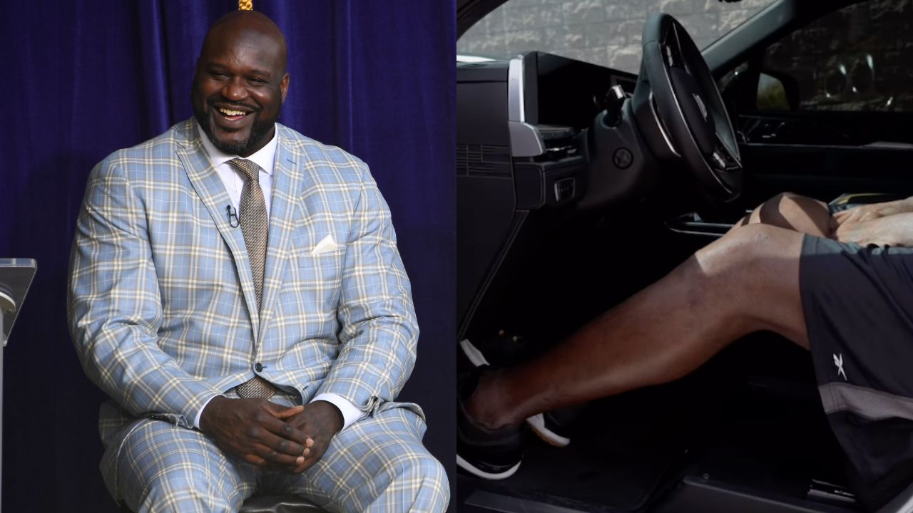 Shaq shows off leg space in his new Cadillac