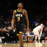 Phoenix Suns guard Bradley Beal (3) reacts against the Oklahoma City Thunder during the second half at Footprint Center.