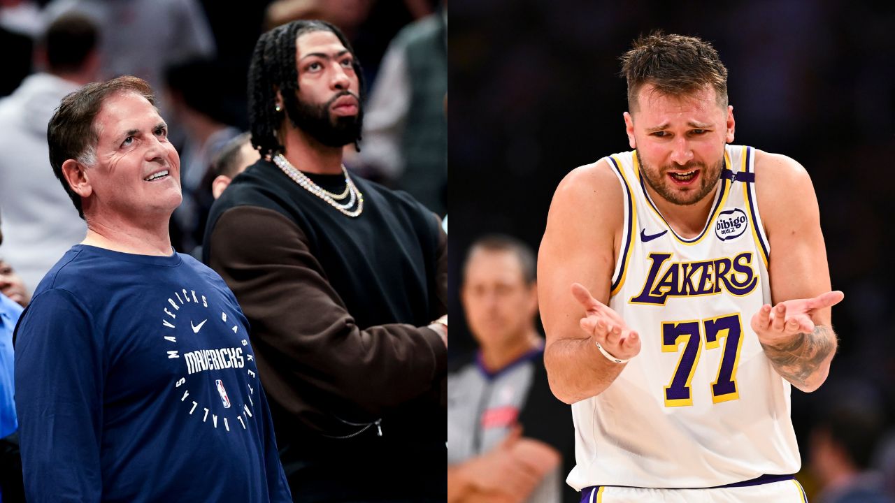Mark Cuban and Anthony Davis(L), Luka Doncic(R)