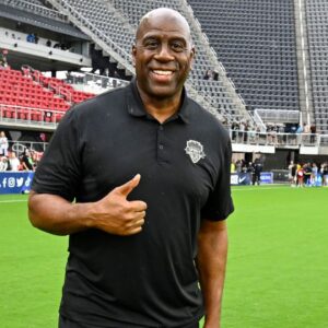 Sep 7, 2024; Washington, District of Columbia, USA; Washington Commanders owner Magic Johnson poses for a photo after the game between the Washington Spirit and Portland Thorns FC at Audi Field. Mandatory Credit: Brad Mills-Imagn Images