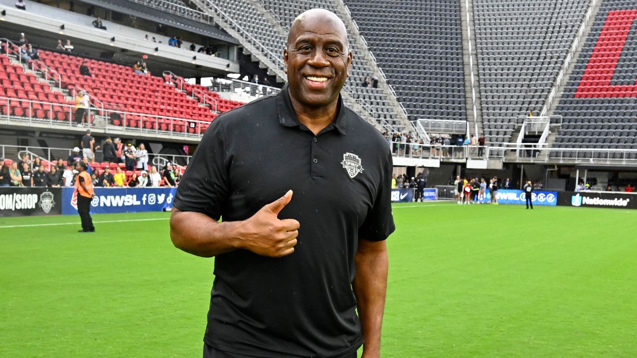 Sep 7, 2024; Washington, District of Columbia, USA; Washington Commanders owner Magic Johnson poses for a photo after the game between the Washington Spirit and Portland Thorns FC at Audi Field. Mandatory Credit: Brad Mills-Imagn Images