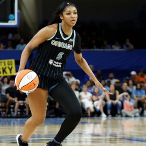 Chicago Sky forward Angel Reese (5) drives to the basket against the Indiana Fever during the second half of a basketball game at Wintrust Arena.
