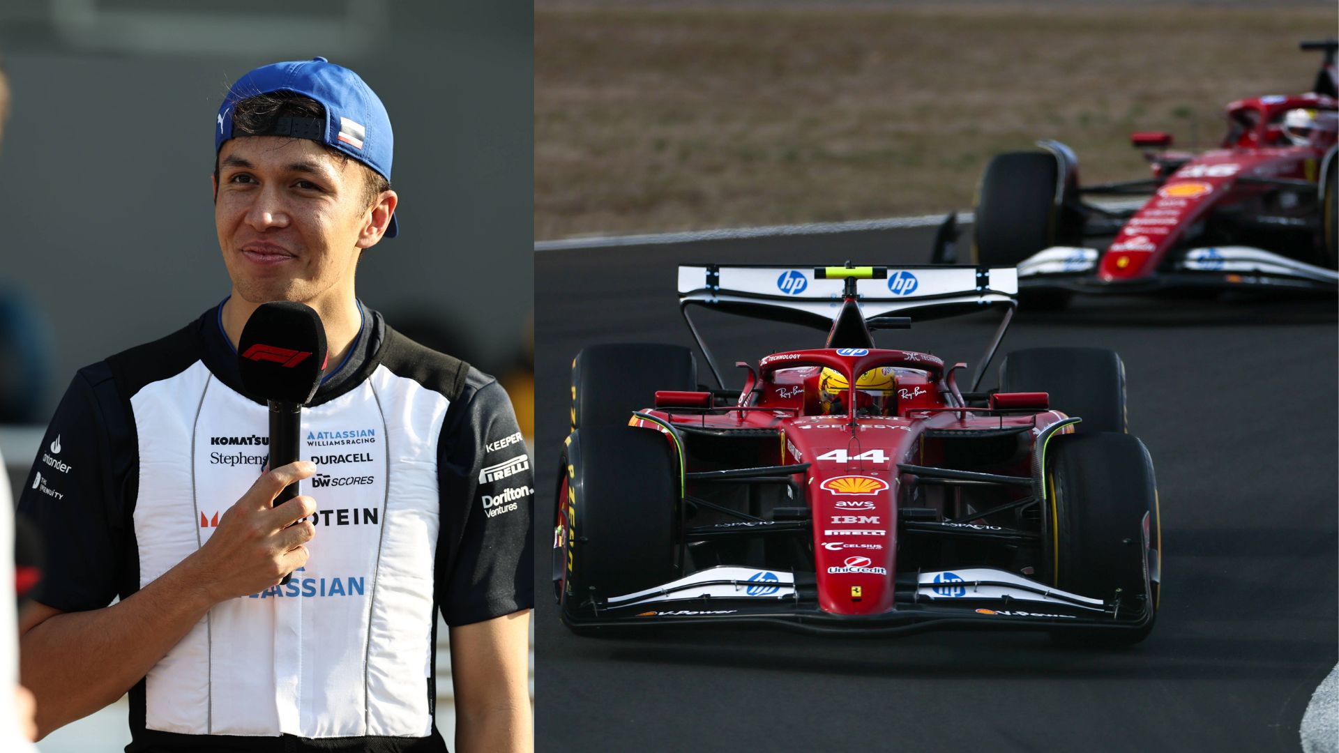 Alex Albon (L) and Both Ferrari cars at the Chinese GP (R)
