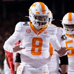 Tennessee Volunteers quarterback Nico Iamaleava (8) celebrates a touchdown during the first half of the College Football Playoff first round game against the Ohio State Buckeyes at Ohio Stadium in Columbus on Dec. 21, 2024.
