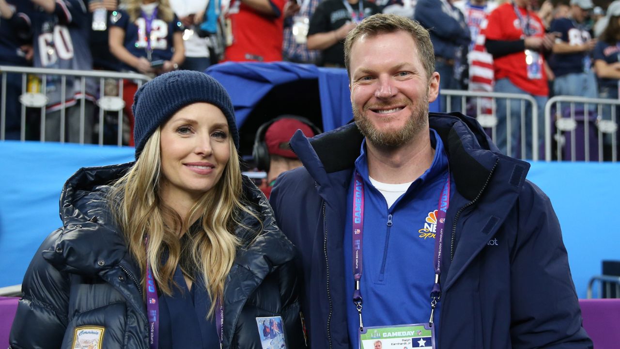 Dale Earnhardt, Jr. and wife Amy Reimann in attendance before Super Bowl LII between the Philadelphia Eagles and the New England Patriots at U.S. Bank Stadium.