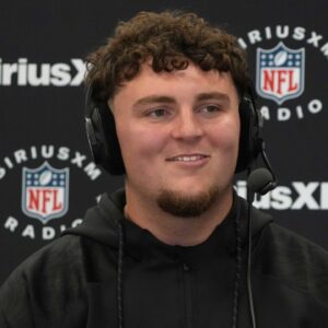 Michigan defensive lineman Mason Graham (DL11) on the SiriusXM radio set during the 2025 NFL Scouting Combine at the Indiana Convention Center.