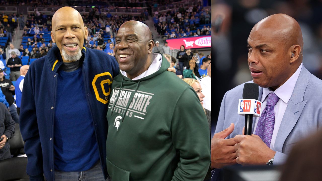 Magic Johnson and Kareem Abdul-Jabbar (L), and Charles Barkley (R)