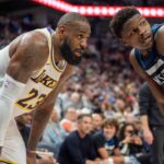 Apr 27, 2025; Minneapolis, Minnesota, USA; Minnesota Timberwolves guard Anthony Edwards (5) guards Los Angeles Lakers forward LeBron James (23) in the second quarter during game four of first round for the 2025 NBA Playoffs at Target Center.