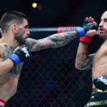 Alexander Volkanovski fights against Ilia Topuria during UFC 298 at Honda Center.