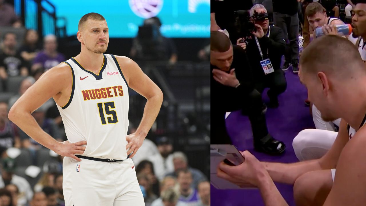 Nikola Jokic drawing up whiteboard play Nuggets v. Kings