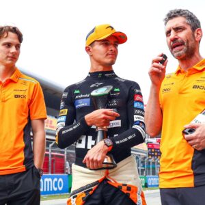 Lando Norris of Great Britain and McLaren, Oscar Piastri of Australia and McLaren and Team Principal Andrea Stella celebrate after the Race, Race, F1 Grand Prix of Spain, Circuit de Barcelona Catalunya
