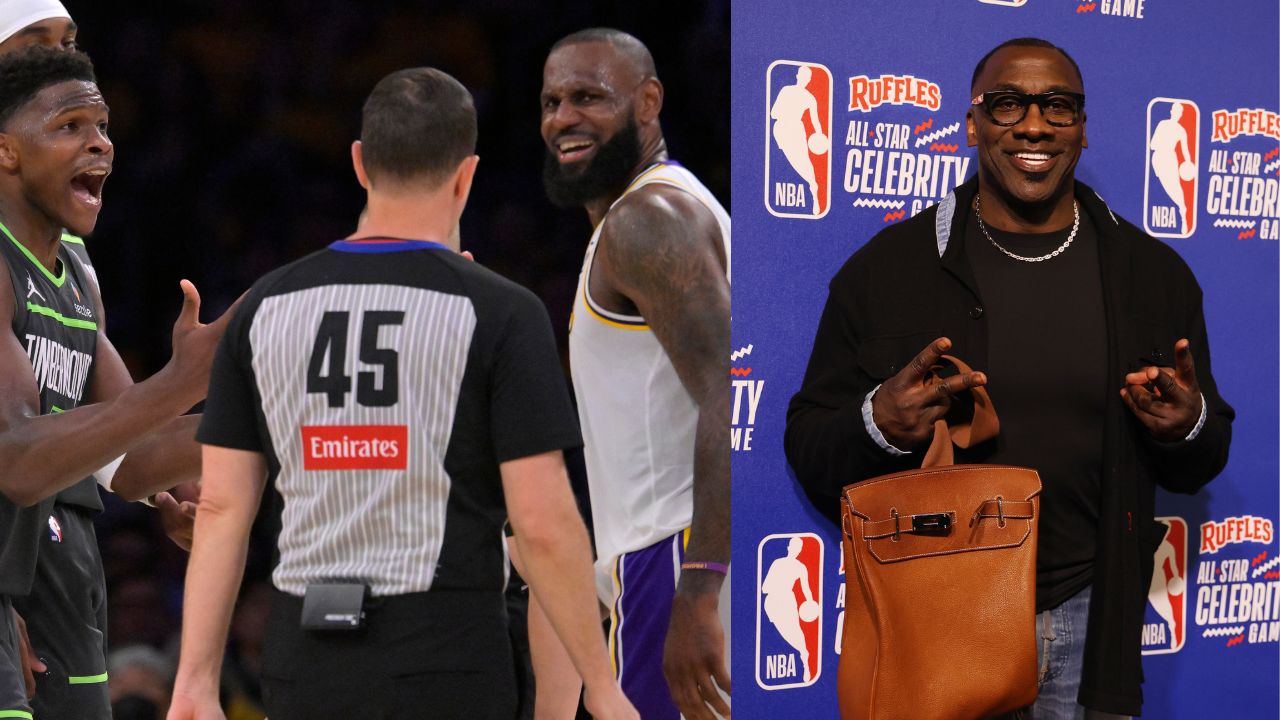 (L) Anthony Edwards and LeBron James (R) Shannon Sharpe