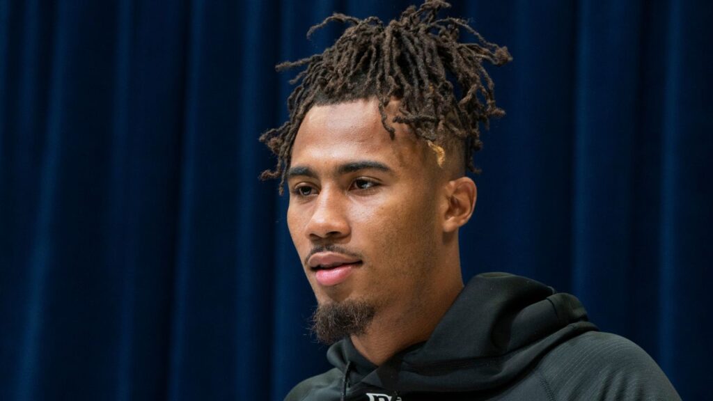 Illinois wideout Pat Bryant (WO08) answers questions at a press conference during the 2025 NFL Combine at Indiana Convention Center.