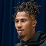 Illinois wideout Pat Bryant (WO08) answers questions at a press conference during the 2025 NFL Combine at Indiana Convention Center.