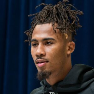 Illinois wideout Pat Bryant (WO08) answers questions at a press conference during the 2025 NFL Combine at Indiana Convention Center.