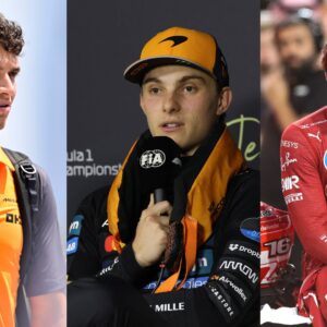 Lando Norris (L), Oscar Piastri (C), and Charles Leclerc (R)
