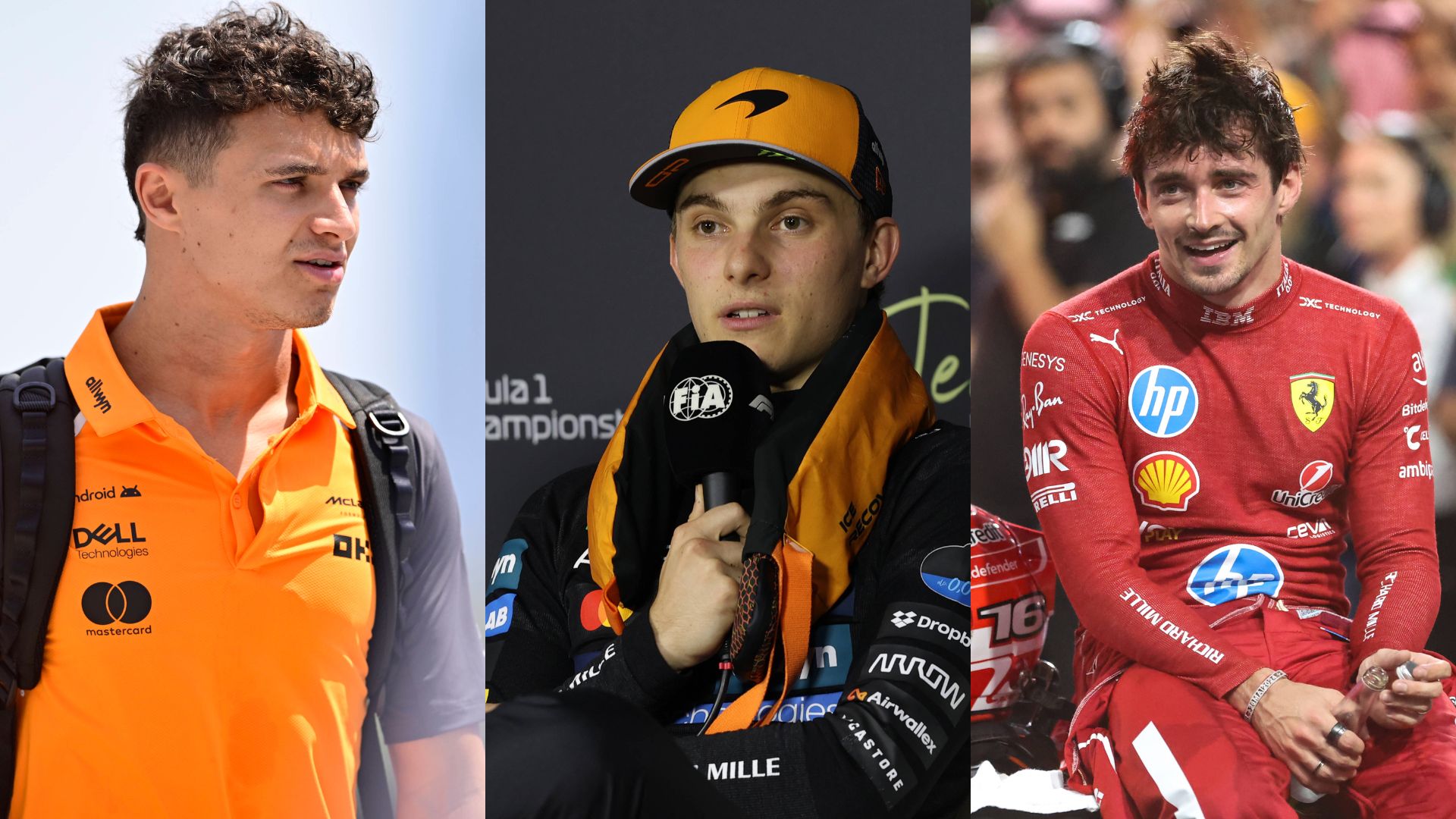 Lando Norris (L), Oscar Piastri (C), and Charles Leclerc (R)