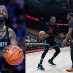 Dwyane Wade (L), Udonis Haslem and Jimmy Butler (R)