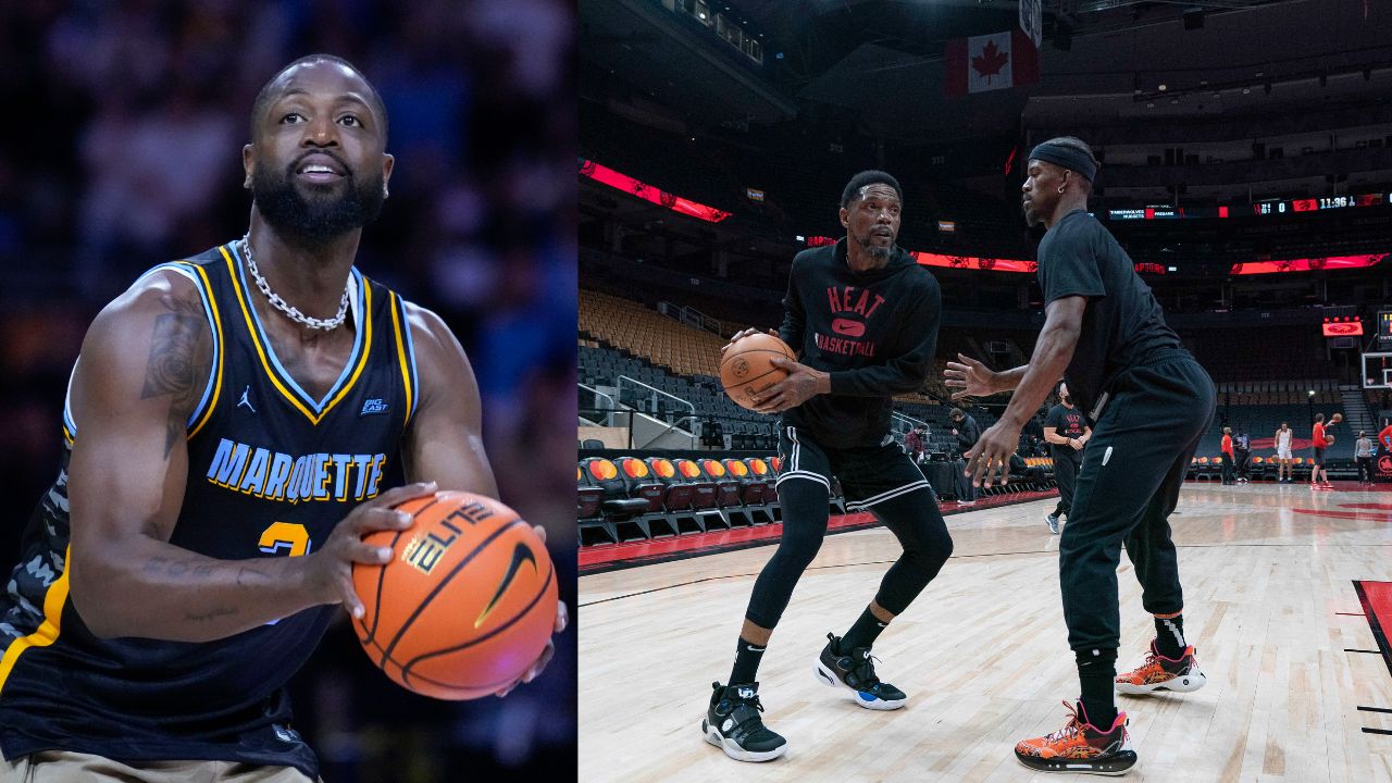 Dwyane Wade (L), Udonis Haslem and Jimmy Butler (R)