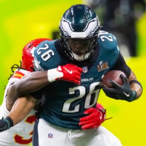 Feb 9, 2025; New Orleans, LA, USA; Philadelphia Eagles running back Saquon Barkley (26) against the Kansas City Chiefs during Super Bowl LIX at Ceasars Superdome.