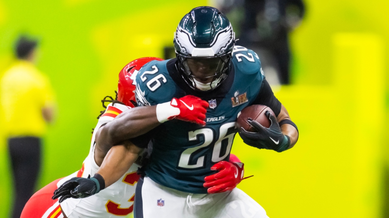 Feb 9, 2025; New Orleans, LA, USA; Philadelphia Eagles running back Saquon Barkley (26) against the Kansas City Chiefs during Super Bowl LIX at Ceasars Superdome.